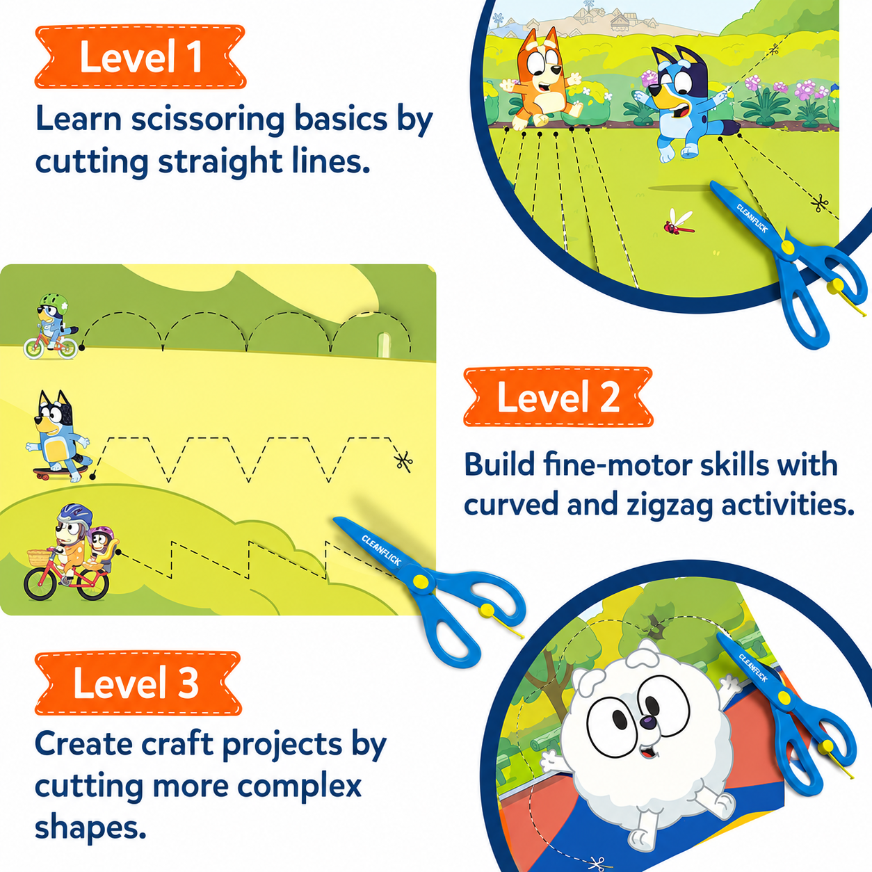 Cleanflick Scissor Skills Activity Book - Snip Snip, 25 Cutting Activities for Preschoolers, Felt Craft Kit, 2 Child-Safe Scissors, Fine Motor Skills, Screen-Free Fun, Gifts for Kids Ages 3-7