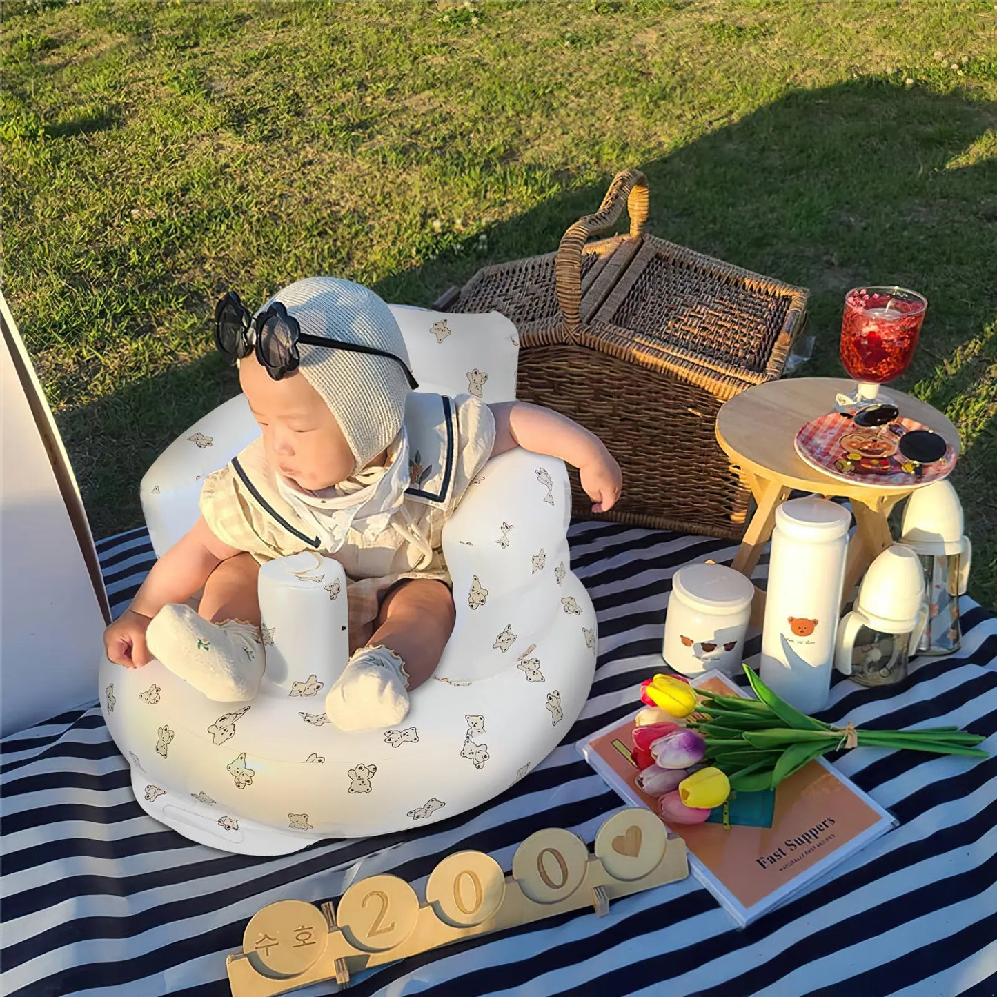 Inflatable Baby Seat - Ideal for Infants 3 Months & Up, Supportive Baby Floor Chair for Sitting Up, Features Built-In Air Pump(Without wheels) Newborn Summer Vibes, Outdoor fun
