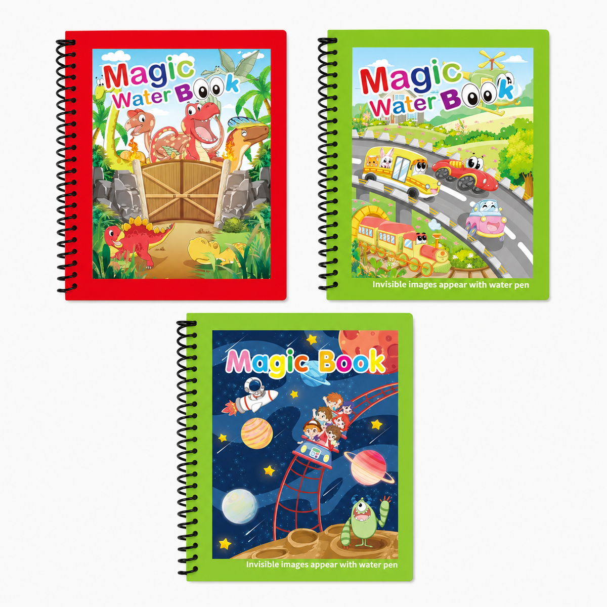 Set of 3 Reusable Water-Reveal Coloring Books for Kids – "Magic" Water-Reveal Coloring Books with Water Pen