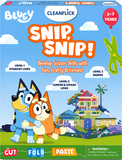 Cleanflick Scissor Skills Activity Book - Snip Snip, 25 Cutting Activities for Preschoolers, Felt Craft Kit, 2 Child-Safe Scissors, Fine Motor Skills, Screen-Free Fun, Gifts for Kids Ages 3-7