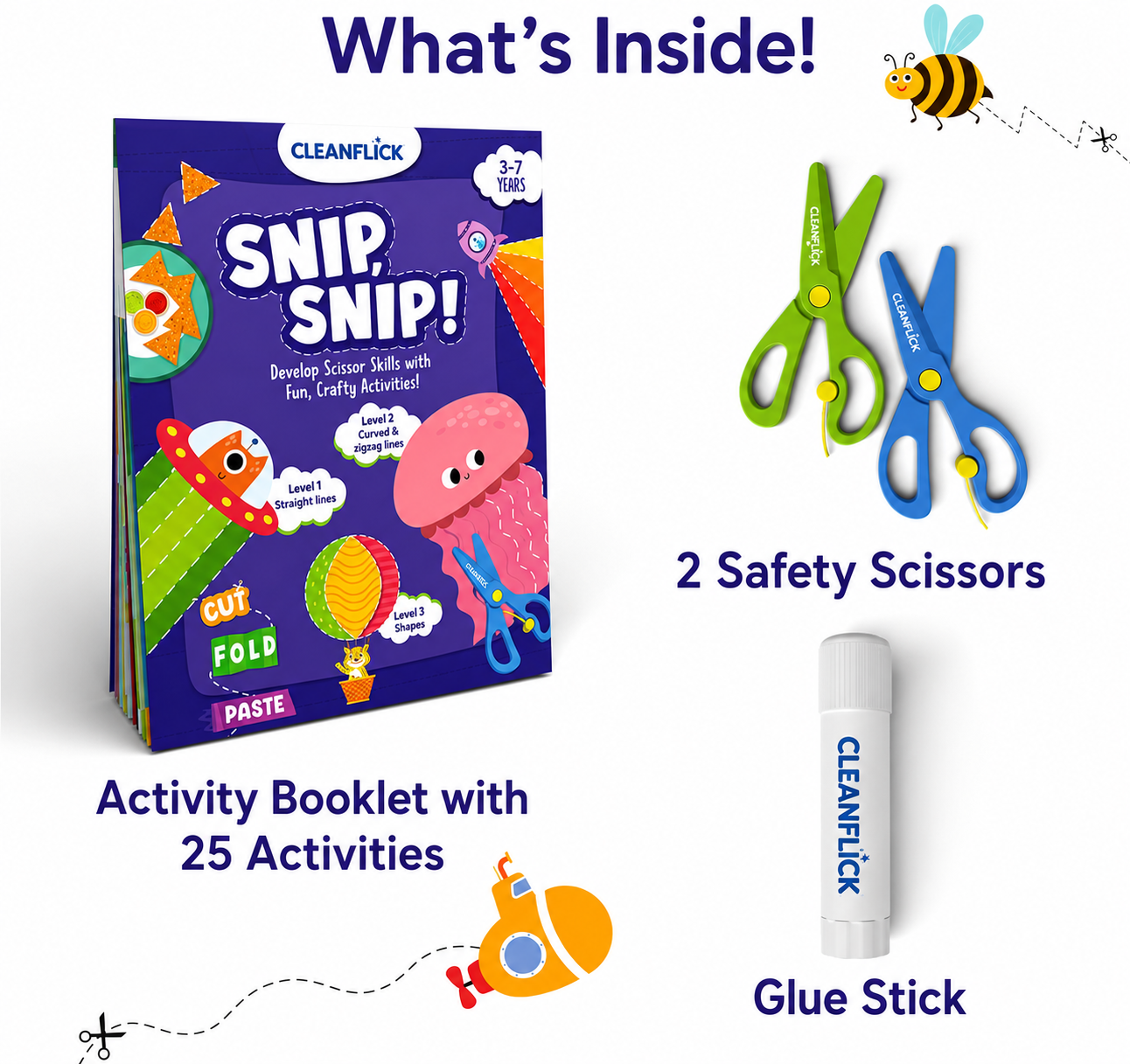 Cleanflick Scissor Skills Activity Book - Snip Snip, 25 Cutting Activities for Preschoolers, Felt Craft Kit, 2 Child-Safe Scissors, Fine Motor Skills, Screen-Free Fun, Gifts for Kids Ages 3-7