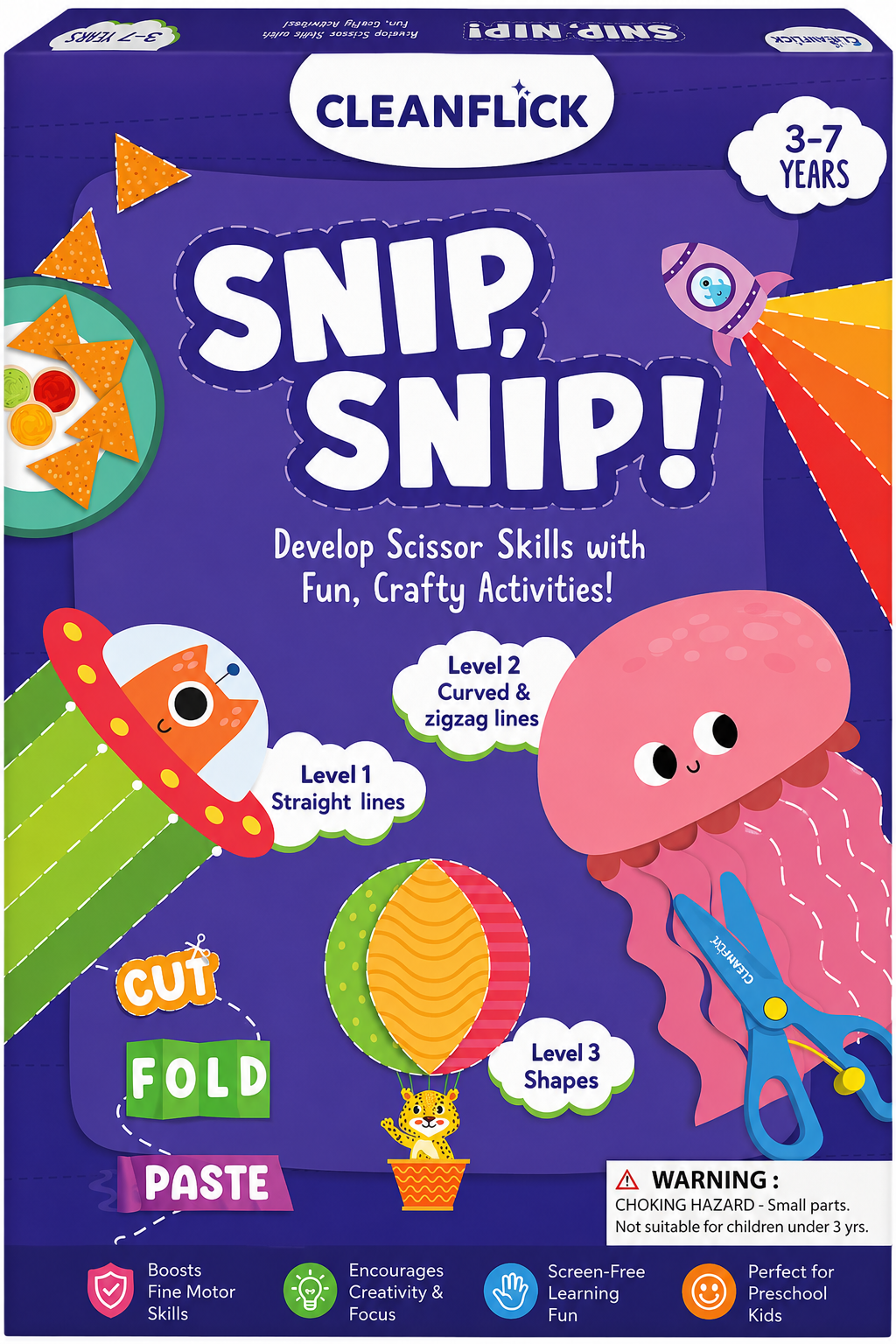Cleanflick Scissor Skills Activity Book - Snip Snip, 25 Cutting Activities for Preschoolers, Felt Craft Kit, 2 Child-Safe Scissors, Fine Motor Skills, Screen-Free Fun, Gifts for Kids Ages 3-7