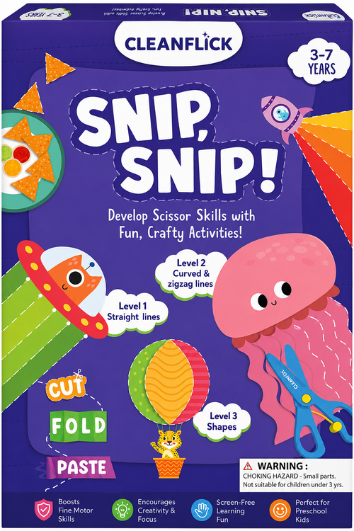 Cleanflick Scissor Skills Activity Book - Snip Snip, 25 Cutting Activities for Preschoolers, Felt Craft Kit, 2 Child-Safe Scissors, Fine Motor Skills, Screen-Free Fun, Gifts for Kids Ages 3-7