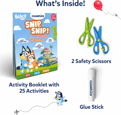 Cleanflick Scissor Skills Activity Book - Snip Snip, 25 Cutting Activities for Preschoolers, Felt Craft Kit, 2 Child-Safe Scissors, Fine Motor Skills, Screen-Free Fun, Gifts for Kids Ages 3-7