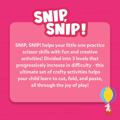Cleanflick Scissor Skills Activity Book - Snip Snip, 25 Cutting Activities for Preschoolers, Felt Craft Kit, 2 Child-Safe Scissors, Fine Motor Skills, Screen-Free Fun, Gifts for Kids Ages 3-7