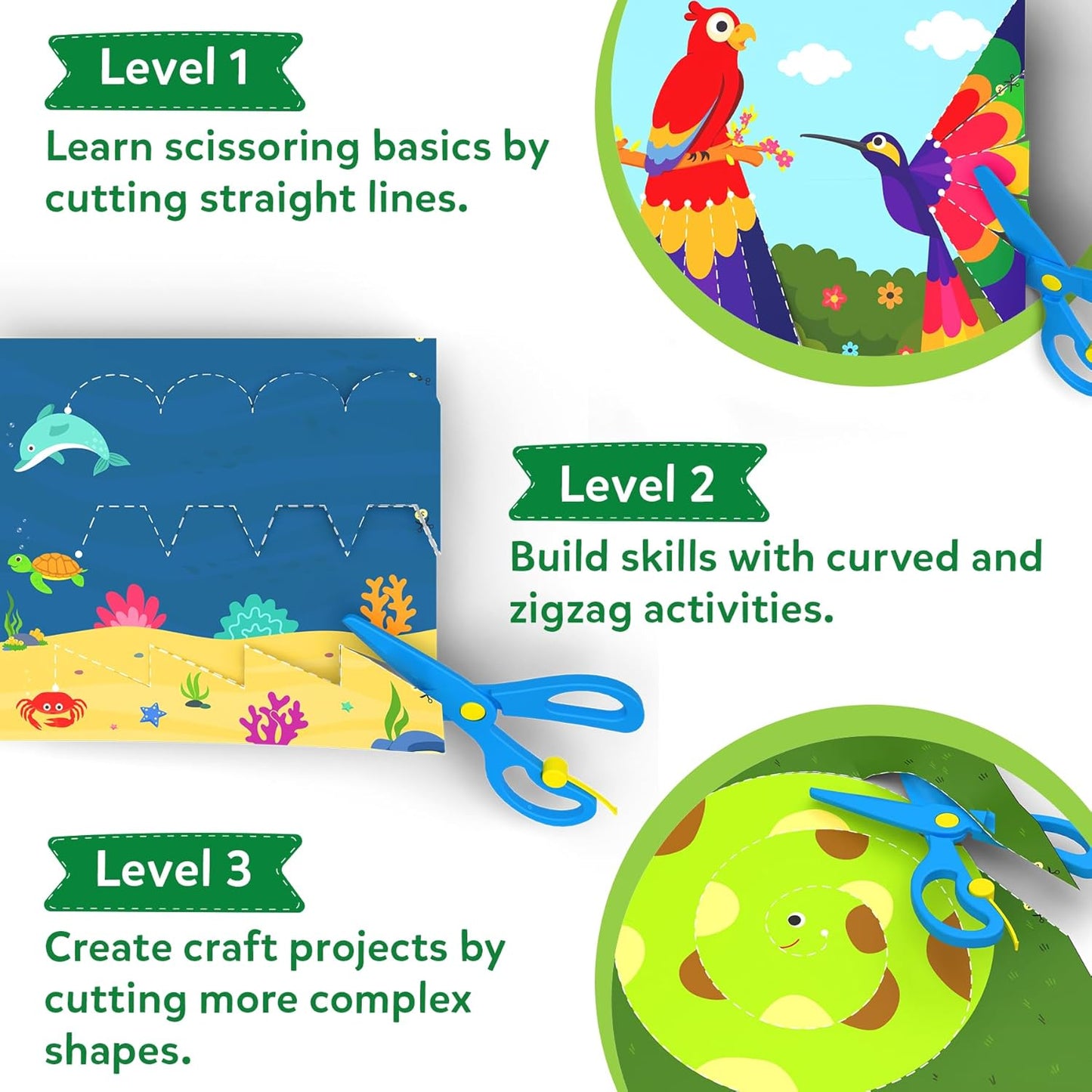 Cleanflick Scissor Skills Activity Book - Snip Snip, 25 Cutting Activities for Preschoolers, Felt Craft Kit, 2 Child-Safe Scissors, Fine Motor Skills, Screen-Free Fun, Gifts for Kids Ages 3-7