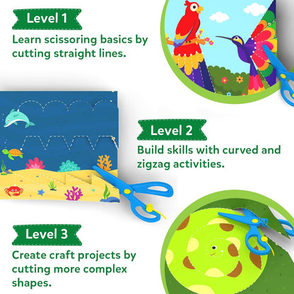 Cleanflick Scissor Skills Activity Book - Snip Snip, 25 Cutting Activities for Preschoolers, Felt Craft Kit, 2 Child-Safe Scissors, Fine Motor Skills, Screen-Free Fun, Gifts for Kids Ages 3-7