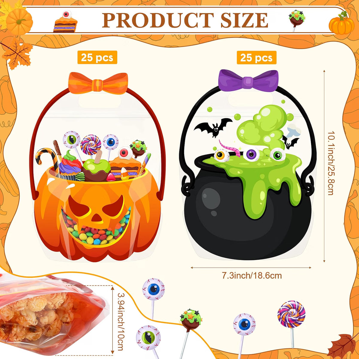 10/25/50-Pack Halloween Treat Bags with Handles – Pumpkin & Cauldron Designs