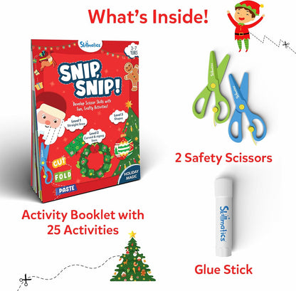 Cleanflick Scissor Skills Activity Book - Snip Snip, 25 Cutting Activities for Preschoolers, Felt Craft Kit, 2 Child-Safe Scissors, Fine Motor Skills, Screen-Free Fun, Gifts for Kids Ages 3-7