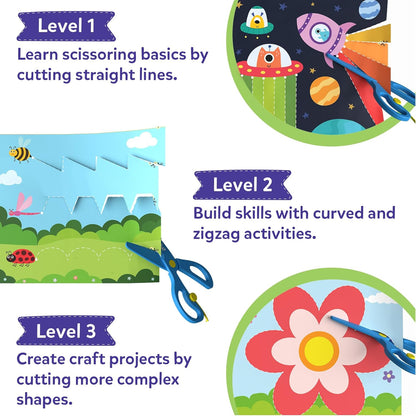Cleanflick Scissor Skills Activity Book - Snip Snip, 25 Cutting Activities for Preschoolers, Felt Craft Kit, 2 Child-Safe Scissors, Fine Motor Skills, Screen-Free Fun, Gifts for Kids Ages 3-7