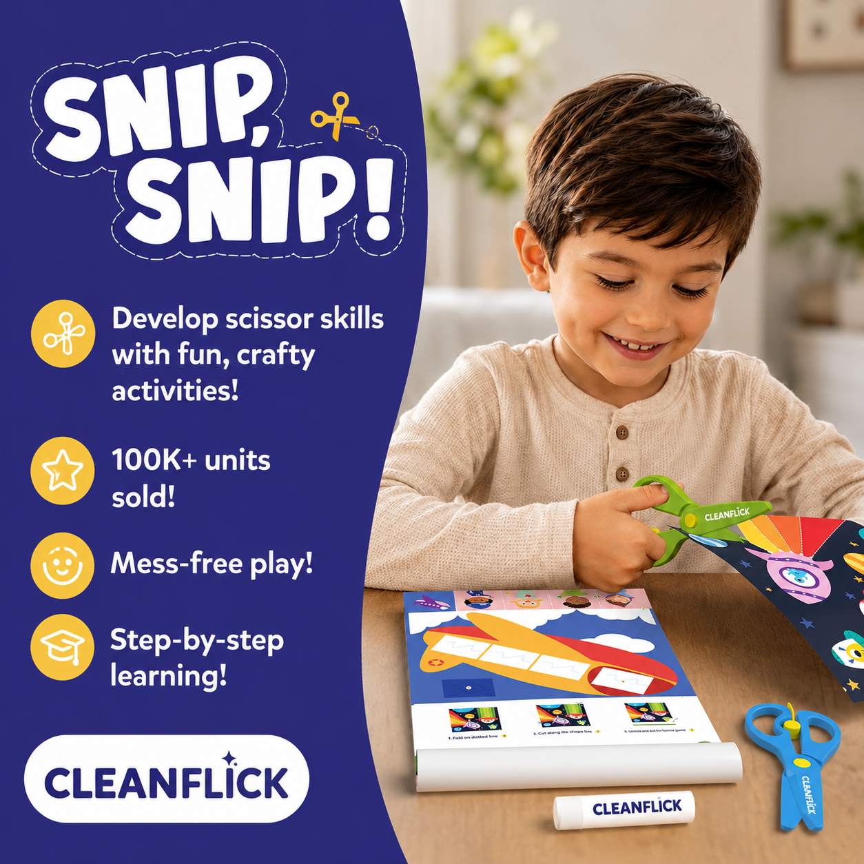 Cleanflick Scissor Skills Activity Book - Snip Snip, 25 Cutting Activities for Preschoolers, Felt Craft Kit, 2 Child-Safe Scissors, Fine Motor Skills, Screen-Free Fun, Gifts for Kids Ages 3-7