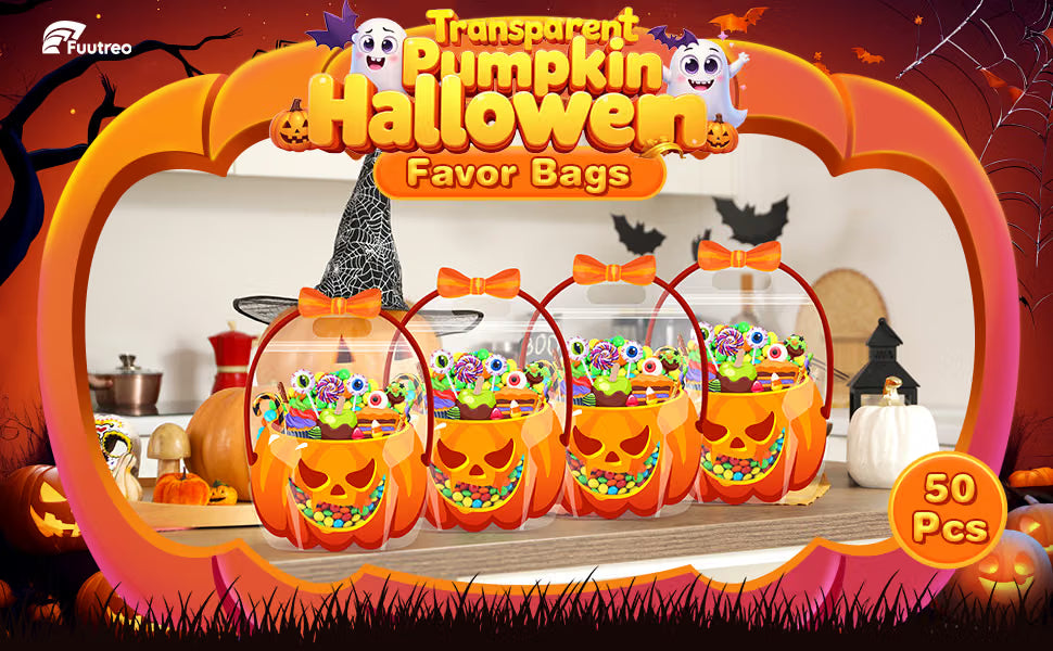 10/25/50-Pack Halloween Treat Bags with Handles – Pumpkin & Cauldron Designs