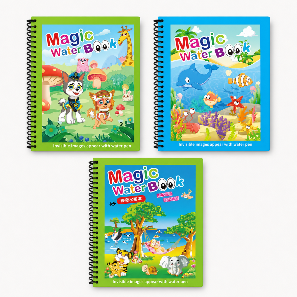 Set of 3 Reusable Water-Reveal Coloring Books for Kids – "Magic" Water-Reveal Coloring Books with Water Pen