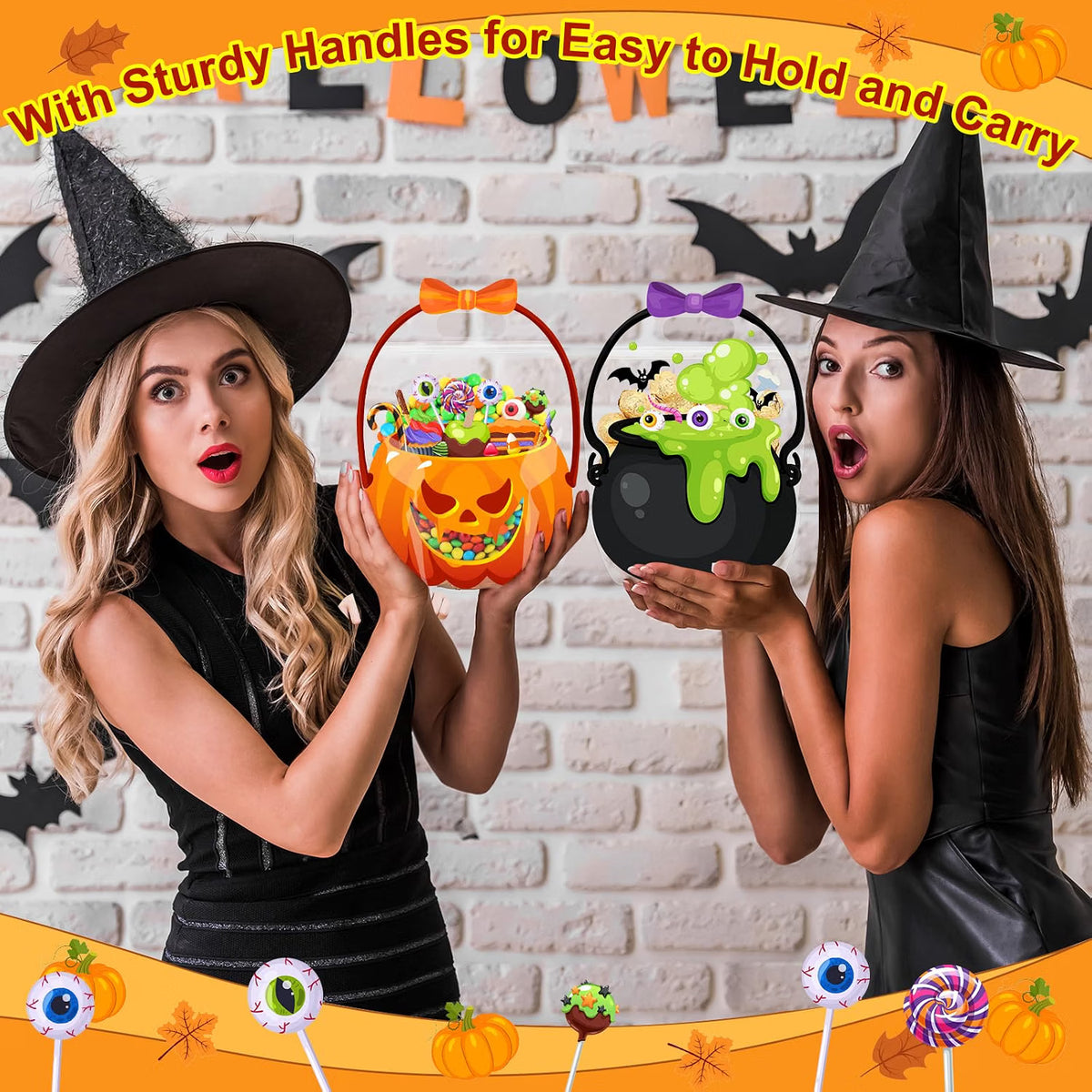 10/25/50-Pack Halloween Treat Bags with Handles – Pumpkin & Cauldron Designs