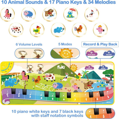 Musical Toys for Toddlers 1-3, Floor Piano Mat for Baby Boy Girl Gifts | 35”x27” 3-in-1 Drum Animal Music Play Mat, Sensory Montessori Educational Dance Toddler Toys for 1-5 Years Old Girl Boy Kid