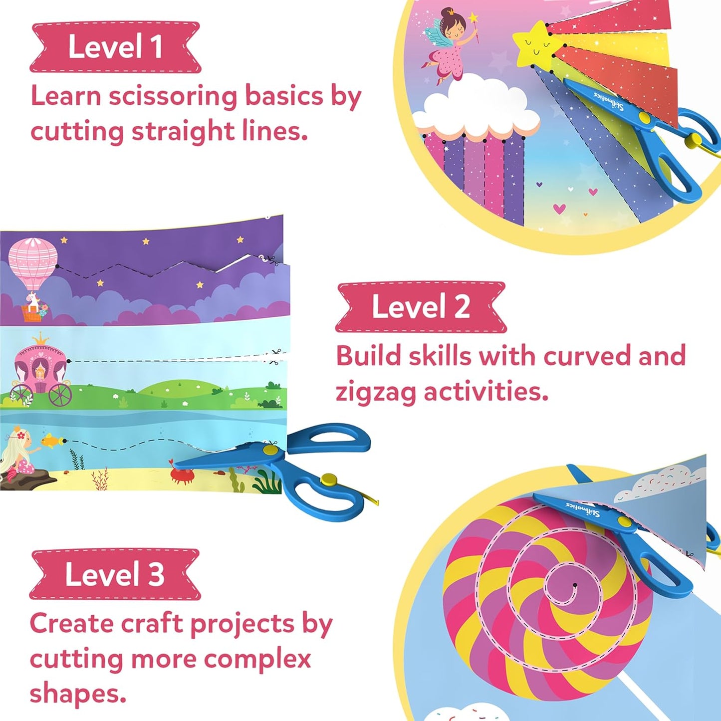 Cleanflick Scissor Skills Activity Book - Snip Snip, 25 Cutting Activities for Preschoolers, Felt Craft Kit, 2 Child-Safe Scissors, Fine Motor Skills, Screen-Free Fun, Gifts for Kids Ages 3-7