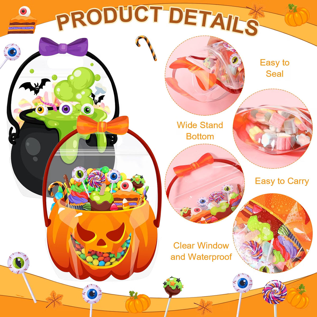 10/25/50-Pack Halloween Treat Bags with Handles – Pumpkin & Cauldron Designs