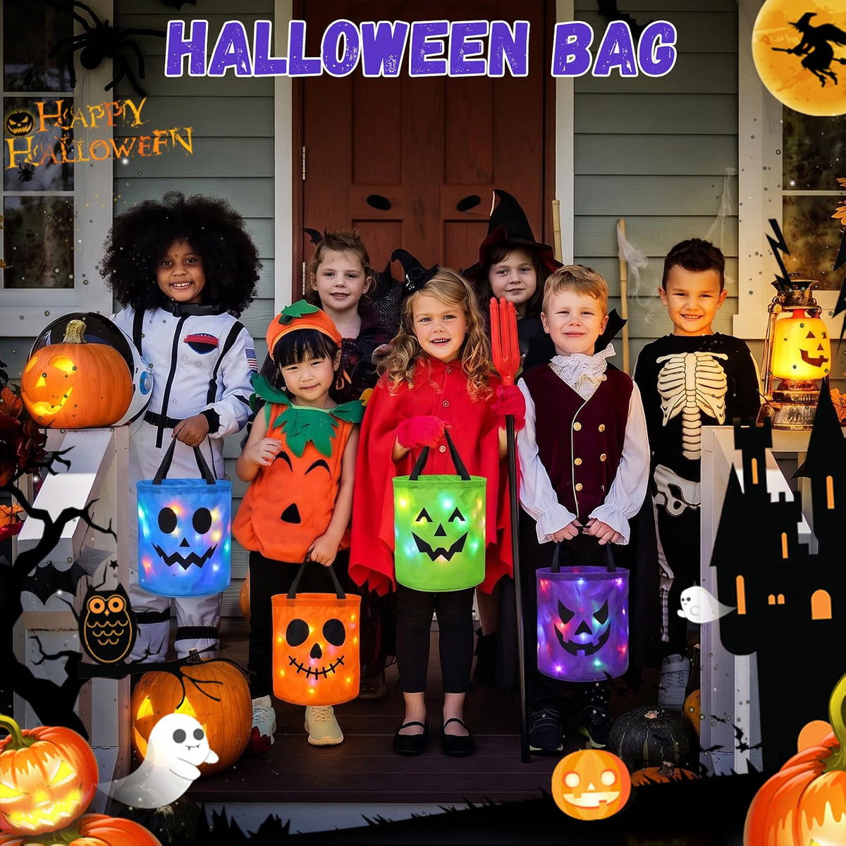 Light-Up Halloween Trick-or-Treat Bucket – LED Pumpkin Candy Bag for Kids