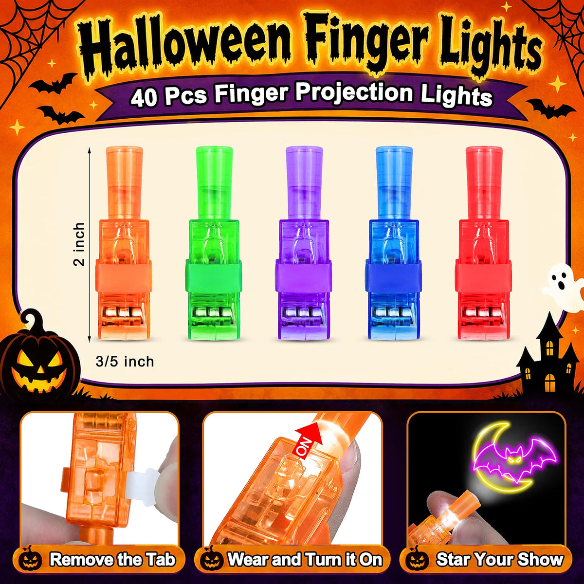 40-Pack Halloween Finger Projection Lights – Assorted Halloween Designs