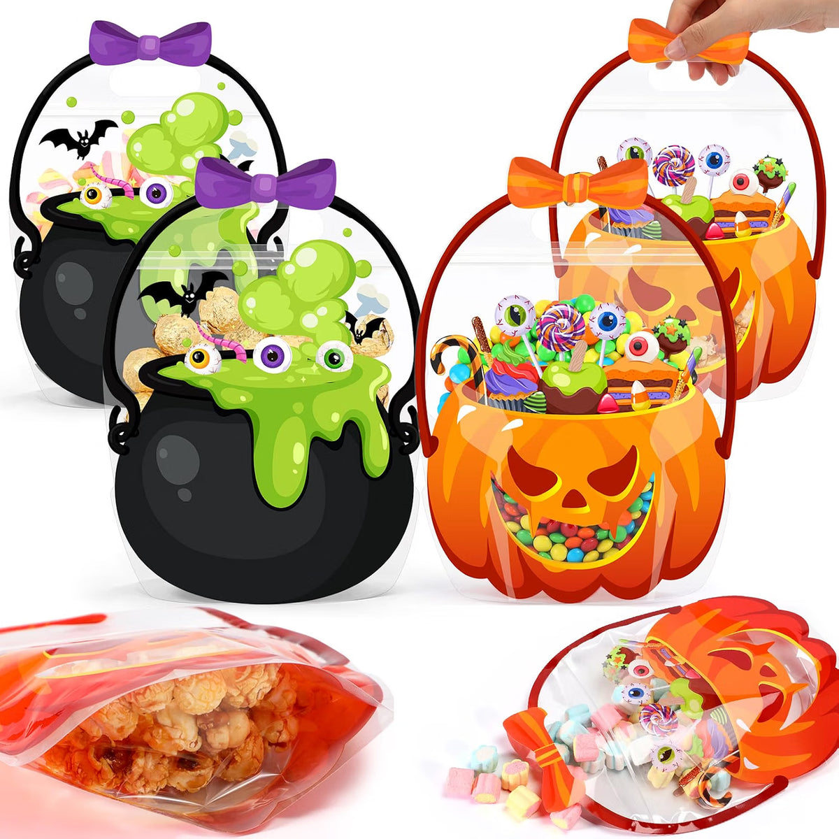 10/25/50-Pack Halloween Treat Bags with Handles – Pumpkin & Cauldron Designs