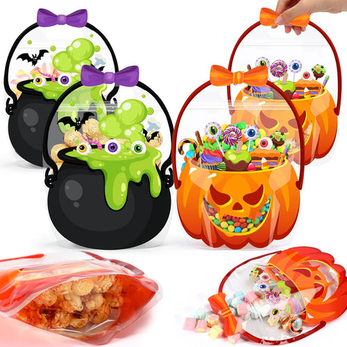 10/25/50-Pack Halloween Treat Bags with Handles – Pumpkin & Cauldron Designs