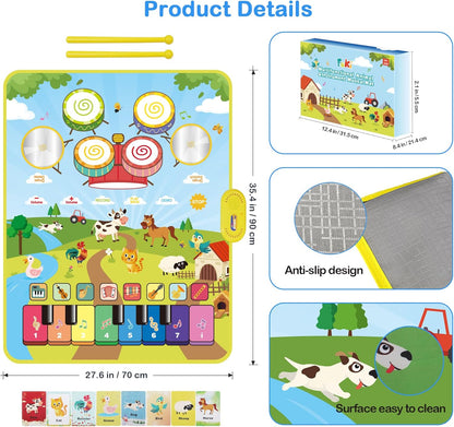 Musical Toys for Toddlers 1-3, Floor Piano Mat for Baby Boy Girl Gifts | 35”x27” 3-in-1 Drum Animal Music Play Mat, Sensory Montessori Educational Dance Toddler Toys for 1-5 Years Old Girl Boy Kid
