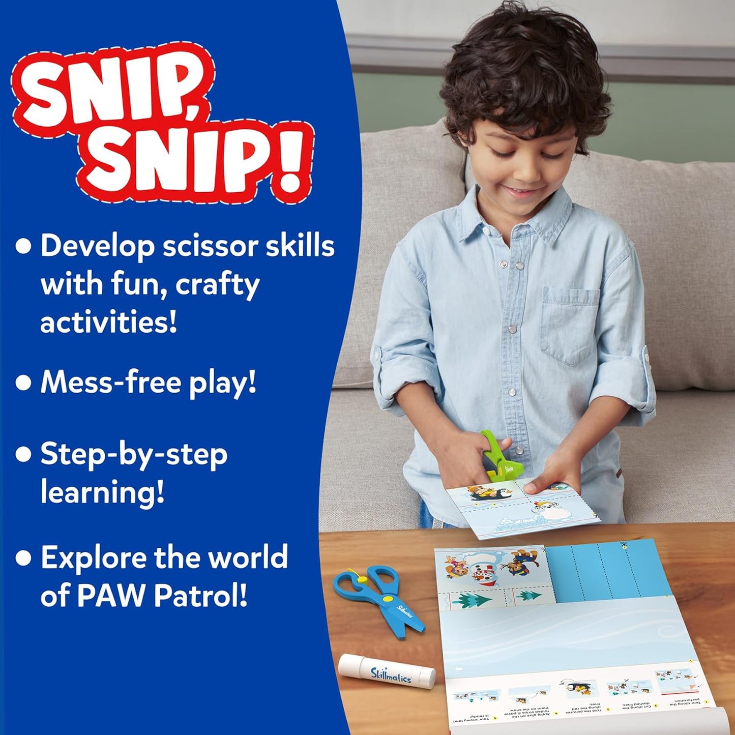 Cleanflick Scissor Skills Activity Book - Snip Snip, 25 Cutting Activities for Preschoolers, Felt Craft Kit, 2 Child-Safe Scissors, Fine Motor Skills, Screen-Free Fun, Gifts for Kids Ages 3-7