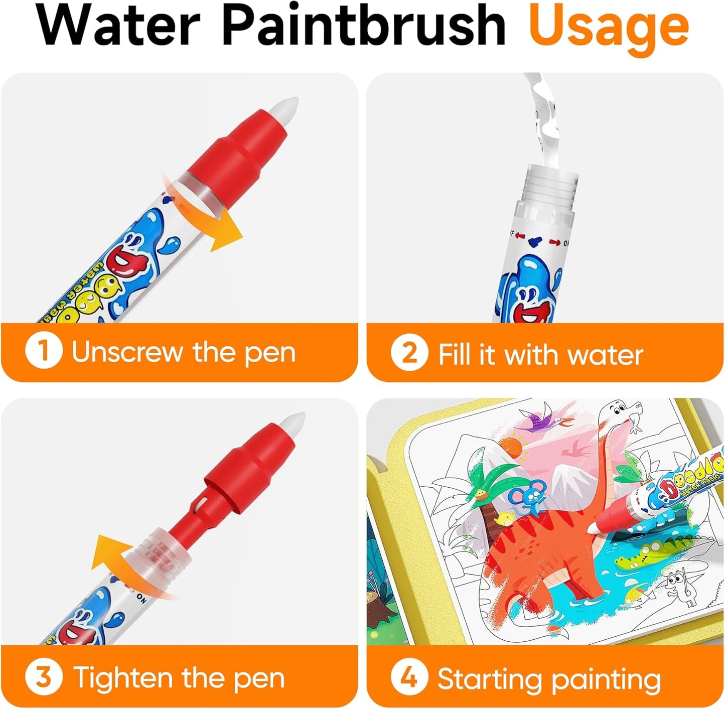 Timetome Reusable Water Painting Books for Kids – 3-Pack Magic Water Reveal Coloring Books with Water Pens (Fairy Tale, Animal & Dinosaur) No-Mess Coloring & Reusable Fun Travel Activity for Ages 3–6