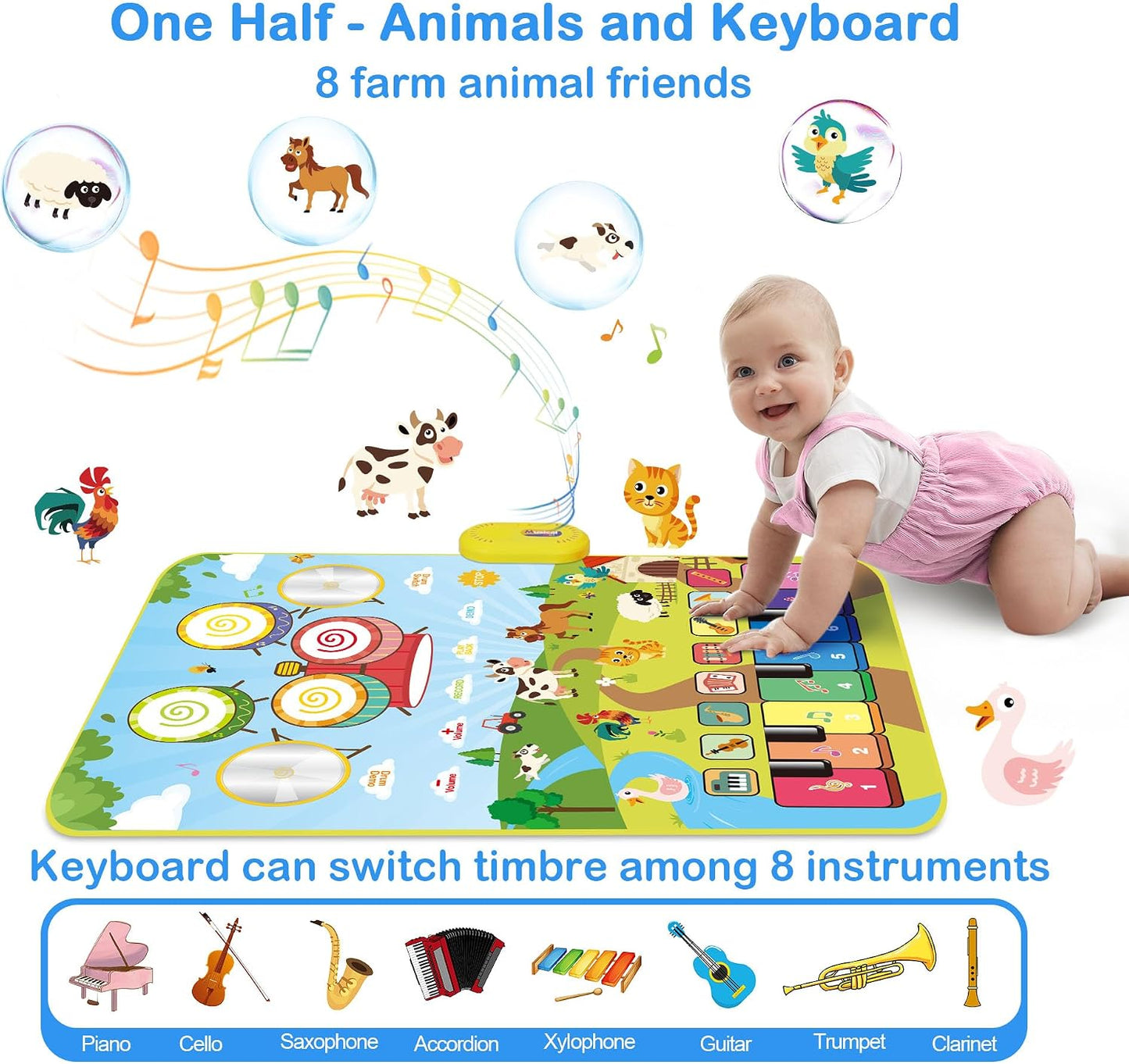 Musical Toys for Toddlers 1-3, Floor Piano Mat for Baby Boy Girl Gifts | 35”x27” 3-in-1 Drum Animal Music Play Mat, Sensory Montessori Educational Dance Toddler Toys for 1-5 Years Old Girl Boy Kid