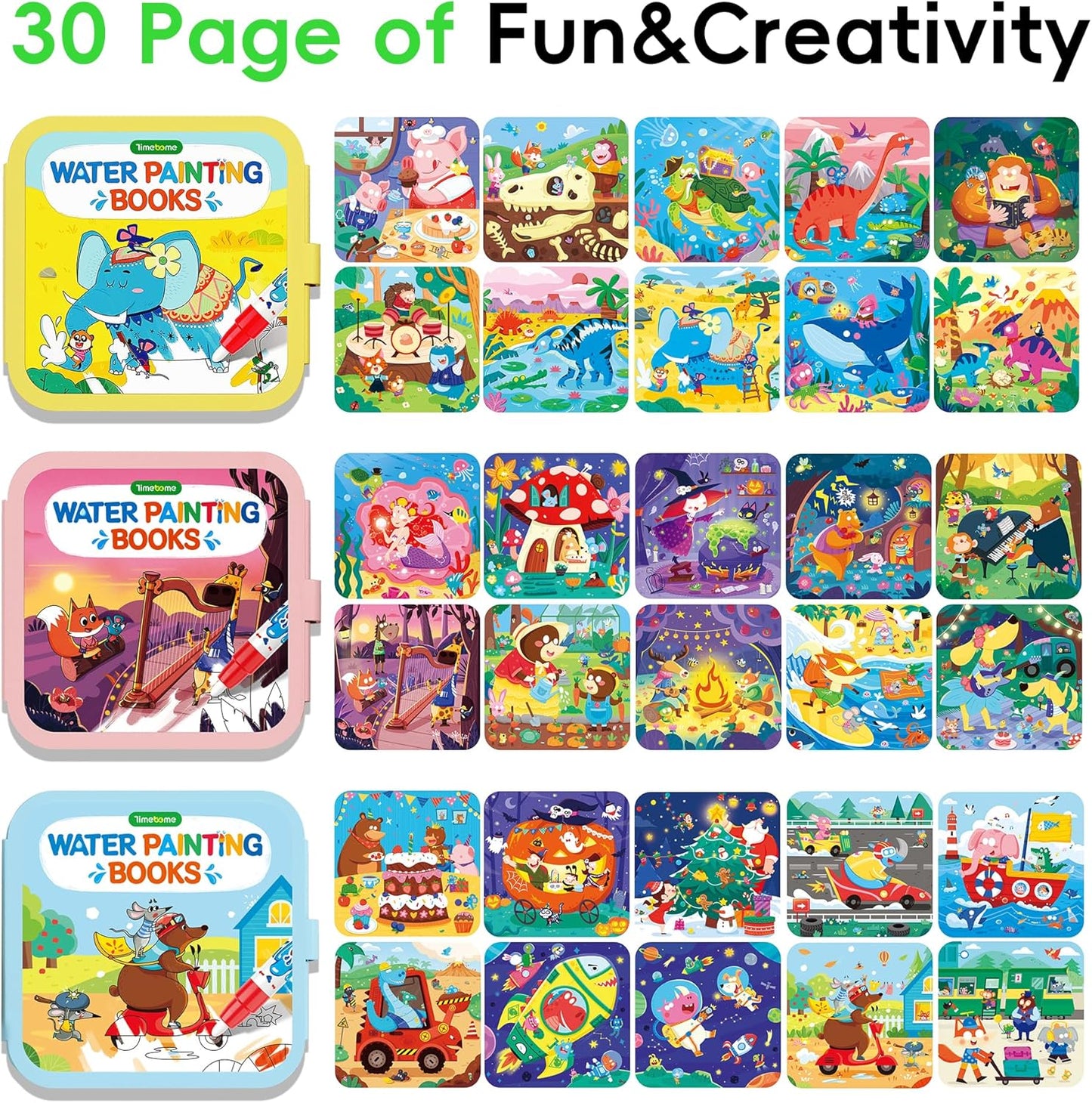 Timetome Reusable Water Painting Books for Kids – 3-Pack Magic Water Reveal Coloring Books with Water Pens (Fairy Tale, Animal & Dinosaur) No-Mess Coloring & Reusable Fun Travel Activity for Ages 3–6