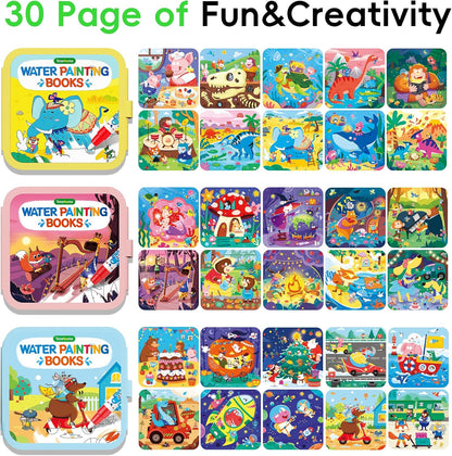 Timetome Reusable Water Painting Books for Kids – 3-Pack Magic Water Reveal Coloring Books with Water Pens (Fairy Tale, Animal & Dinosaur) No-Mess Coloring & Reusable Fun Travel Activity for Ages 3–6