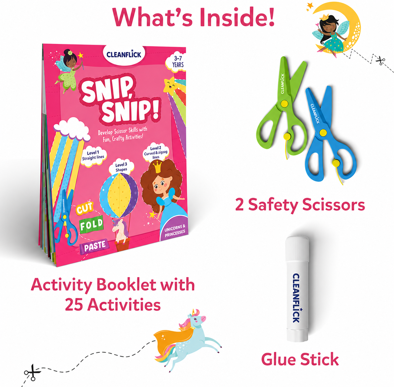 Cleanflick Scissor Skills Activity Book - Snip Snip, 25 Cutting Activities for Preschoolers, Felt Craft Kit, 2 Child-Safe Scissors, Fine Motor Skills, Screen-Free Fun, Gifts for Kids Ages 3-7