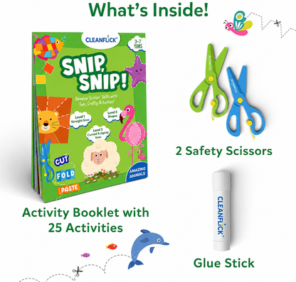 Cleanflick Scissor Skills Activity Book - Snip Snip, 25 Cutting Activities for Preschoolers, Felt Craft Kit, 2 Child-Safe Scissors, Fine Motor Skills, Screen-Free Fun, Gifts for Kids Ages 3-7