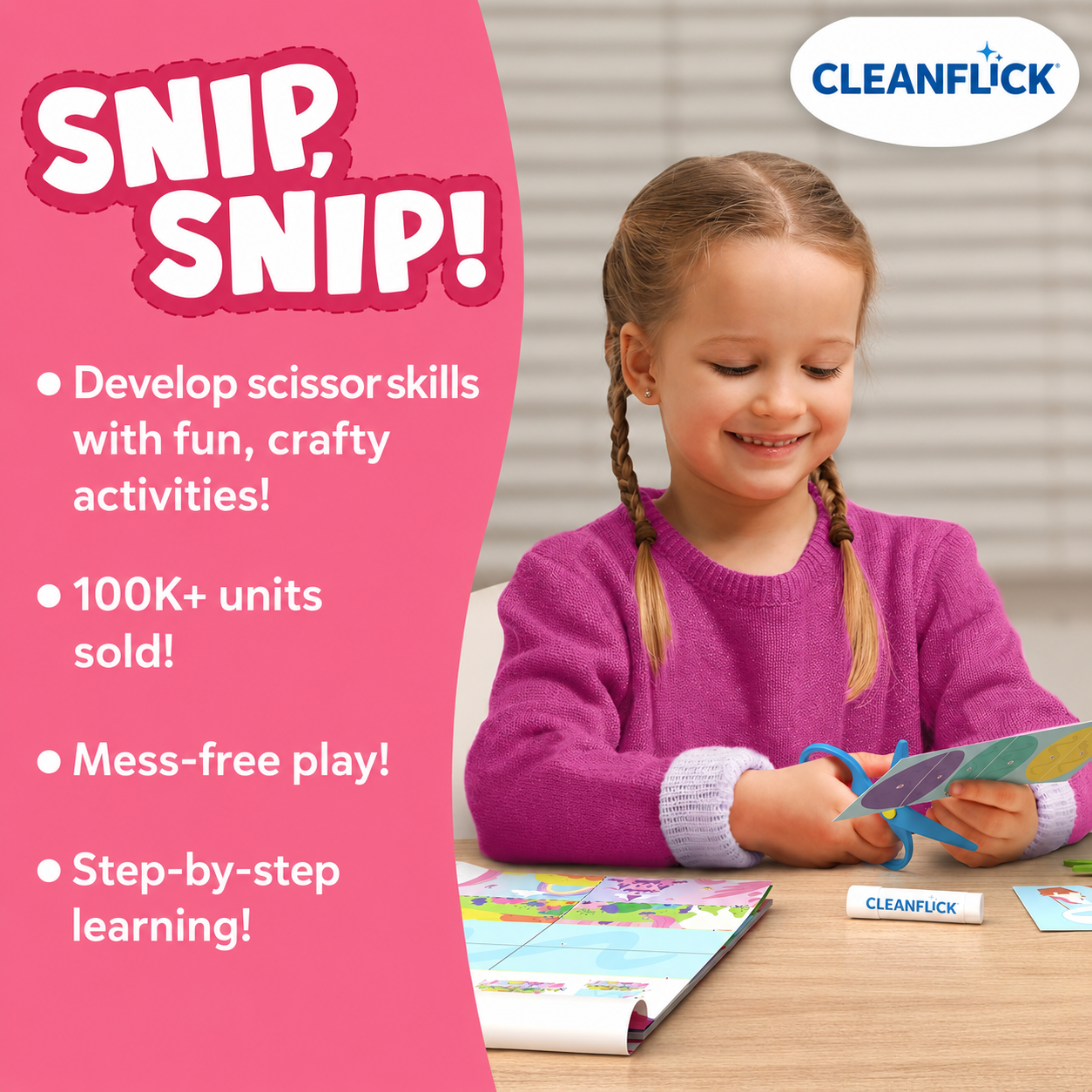 Cleanflick Scissor Skills Activity Book - Snip Snip, 25 Cutting Activities for Preschoolers, Felt Craft Kit, 2 Child-Safe Scissors, Fine Motor Skills, Screen-Free Fun, Gifts for Kids Ages 3-7