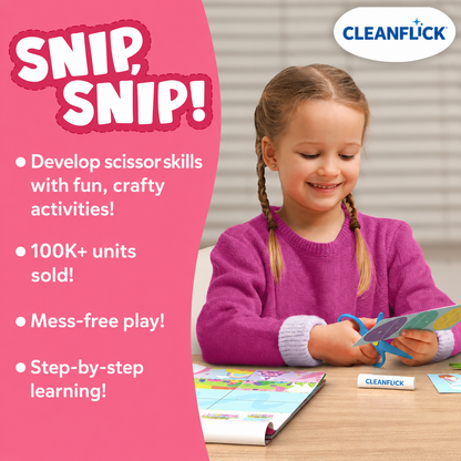 Cleanflick Scissor Skills Activity Book - Snip Snip, 25 Cutting Activities for Preschoolers, Felt Craft Kit, 2 Child-Safe Scissors, Fine Motor Skills, Screen-Free Fun, Gifts for Kids Ages 3-7