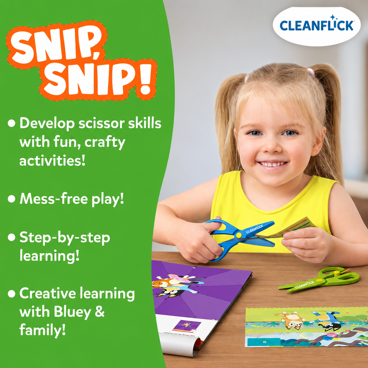 Cleanflick Scissor Skills Activity Book - Snip Snip, 25 Cutting Activities for Preschoolers, Felt Craft Kit, 2 Child-Safe Scissors, Fine Motor Skills, Screen-Free Fun, Gifts for Kids Ages 3-7