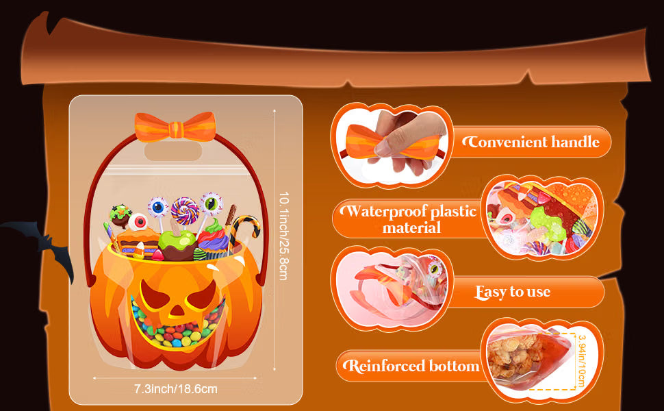 10/25/50-Pack Halloween Treat Bags with Handles – Pumpkin & Cauldron Designs